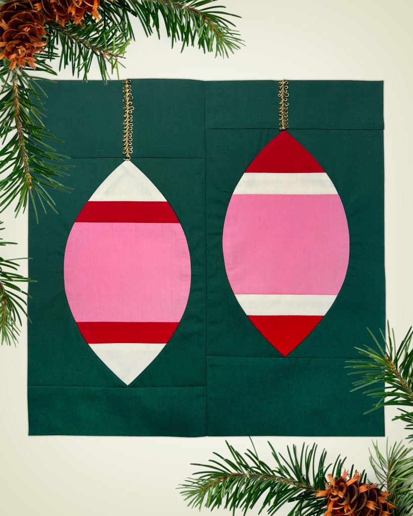 A set of white, pink and red oblong holiday ornaments.